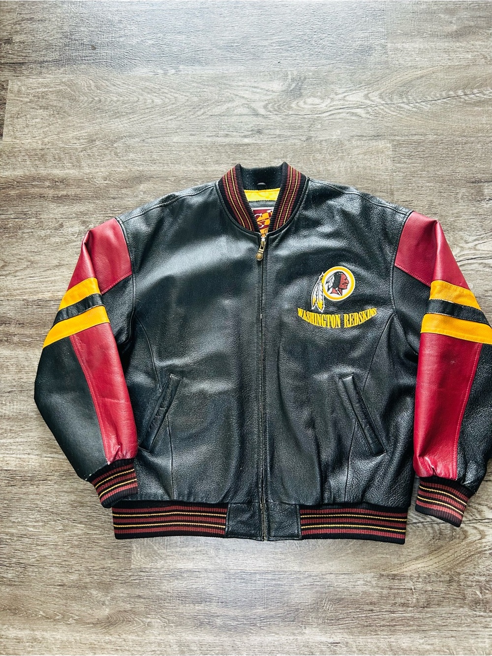 Black, Burgundy & Gold Leather Bomber Jacket with Team Patch